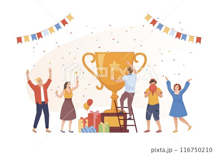 Team incentives award. Success teamwork achievement, business incentive corporate competition winner trophy office colleague motivation victory ceremony vector illustration 116750210