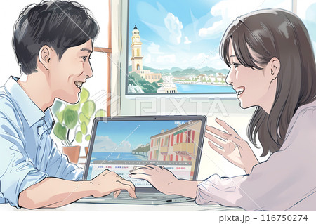 海外旅行の予約サイトを作成するデザイナー男女_精密イラスト1 116750274