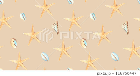 Watercolor under the sea hand drawn seamless pattern with starfish and seashells on beige background. For fabric, textiles, baby clothes, wallpaper, marine beach design. 116750447