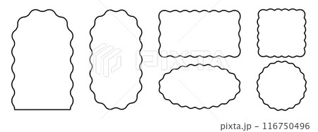 Set of arch and double arc, rectangle and square, oval and circle frames with wavy edges. Simple geometric forms with wiggly borders. Empty boxes, tags or labels. Vector graphic illustration 116750496