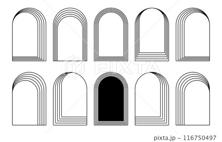 Concentric arch frames isolated on white background. Collection of geometric arc shapes in trendy boho or art deco style. Doors or gates, windows or portals frameworks. Vector graphic illustration Concentric arch frames isolated on white background. Collection of geometric arc shapes in trendy boho or art deco style. Doors or gates, windows or portals frameworks. Vector graphic illustration 116750497