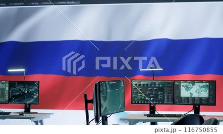 Russian military headquarters equipped with high tech equipment to gather intelligence and spread fake news, warfare propaganda to scare population. Empty control center for the army. Camera A. 116750855