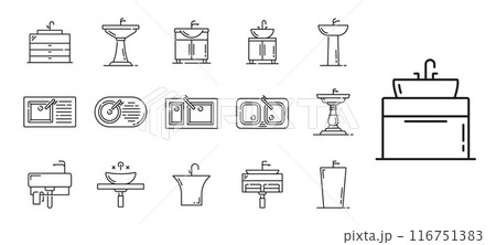 Kitchen sinks and bathroom basins line icons of bath furniture, vector symbols. Bathroom and kitchen sinks with faucet or water taps on cabinet or bath countertop with ceramic bowl and wash basin 116751383