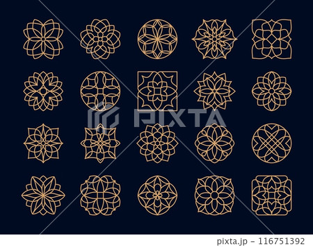 Art deco flowers in golden line for floral pattern ornament, vector elements. Art deco flowers in abstract geometric gold outline, oriental eastern floral blossom petals of Boho or Mandala decoration 116751392