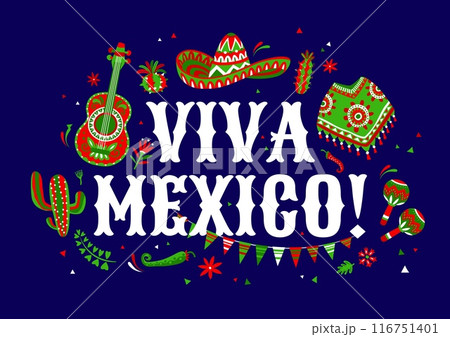 Viva Mexico banner with sombrero, guitar and peppers for Mexican holiday fiesta, vector background. Viva Mexico poster with Mexican ornament of poncho, maracas and cactus with jalapeno peppers 116751401