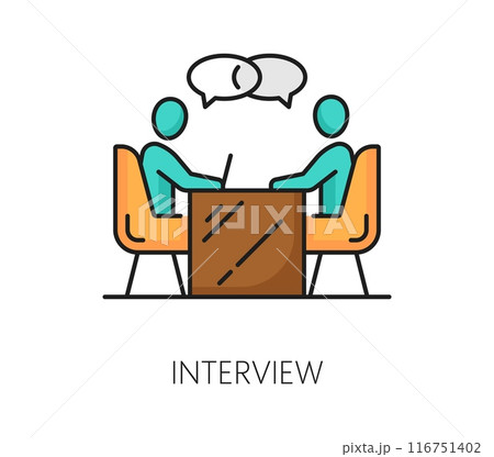Recruitment interview, business career search color line icon. Head hunter service, company recruitment and employment thin line vector symbol with employer and job candidate negotiating at the table 116751402