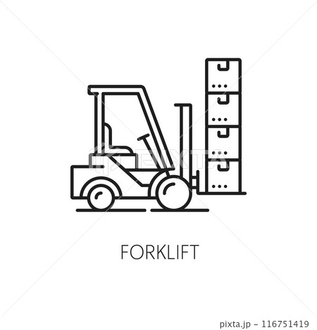 Forklift logistics line icon. Supply chain, delivery and storage, cargo service. Isolated monochrome vector outline sign of loader truck, carrying pile of boxes, side view, minimalist, clean design Forklift logistics line icon. Supply chain, delivery and storage, cargo service. Isolated monochrome vector outline sign of loader truck, carrying pile of boxes, side view, minimalist, clean design 116751419