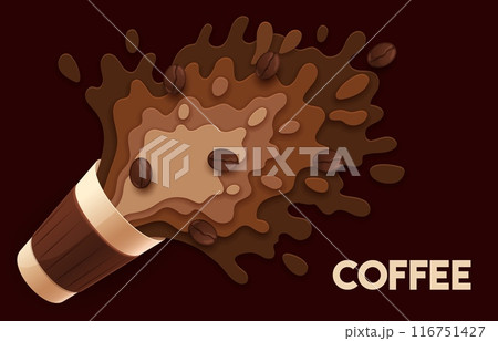 Paper cut coffee cup with splash and coffee beans for drink beverage ad poster, vector background. Coffee and milk splash in paper cut layers for espresso, cappuccino or frappe takeaway drink promo 116751427