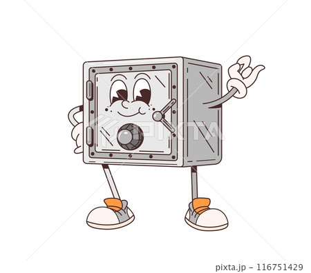 Cartoon retro groovy strongbox safe vault character with smiling face, arms and legs. Isolated vector steel and sturdy box hippie personage guards secrets and money inside with a jovial demeanor Cartoon retro groovy strongbox safe vault character with smiling face, arms and legs. Isolated vector steel and sturdy box hippie personage guards secrets and money inside with a jovial demeanor 116751429