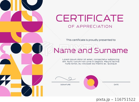 Certificate appreciation template with modern geometric pattern, vector diploma award. Education workshop appreciation certificate or training diploma template background with geometric shapes pattern Certificate appreciation template with modern geometric pattern, vector diploma award. Education workshop appreciation certificate or training diploma template background with geometric shapes pattern 116751522