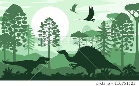 Prehistoric dinosaur silhouettes in the forest. Vector scene with shadows of dino animals and flying pterosaurs against a lush forest backdrop with sun is setting, casting green hue over the landscape 116751523