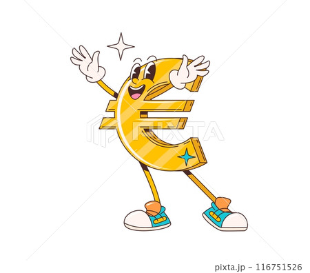 Cartoon retro groovy euro character. Isolated vector cheerful money symbol, golden sparkling currency personage with wide eyes, Its arms raised in a welcoming gesture, exuding affluence and wealth 116751526