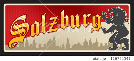 Salzburg Austria land, Austrian region tin plate or sticker, vector tin sign. Federal land metal plaque with national emblem of Austria land, luggage tag. Salzburg lion coat of arms Salzburg Austria land, Austrian region tin plate or sticker, vector tin sign. Federal land metal plaque with national emblem of Austria land, luggage tag. Salzburg lion coat of arms 116751541