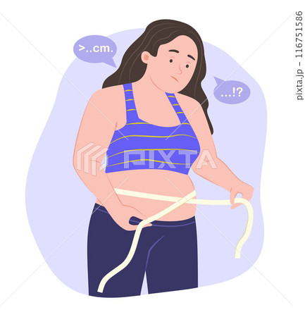 Chubby Woman Measuring Her Waist with a Measuring Tape for Healthcare Concept Illustration 116751586