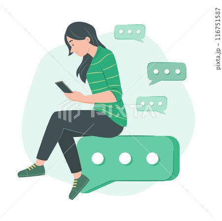 Woman Sitting on Big Chat Bubble Icon and Chat on Mobile Phone for Telecommunication Concept Illustration 116751587