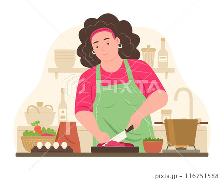 Chubby Woman Cutting Meat for Cooking in Kitchen for Culinary Concept Illustration 116751588