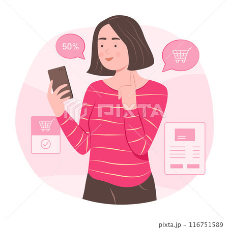 Young Woman Doing Online Shopping on Mobile Phone for E-Commerce Concept Illustration 116751589