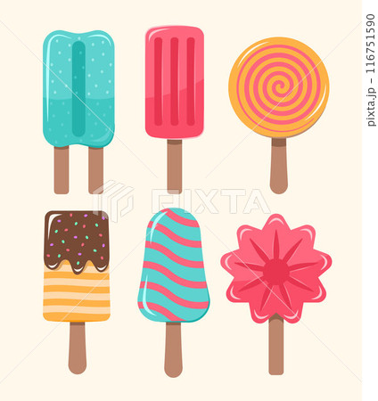 Set of Colorful Ice Creams and Popsicle for Sweet and Dessert Concept Illustration Clip Art 116751590