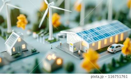 持続可能なエネルギー - 風力タービンと太陽光パネルで電気自動車を充電 116751761