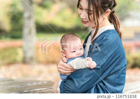 秋の公園を赤ちゃんを抱っこして散歩するママ（親子・母子・出産・産後） 116751838