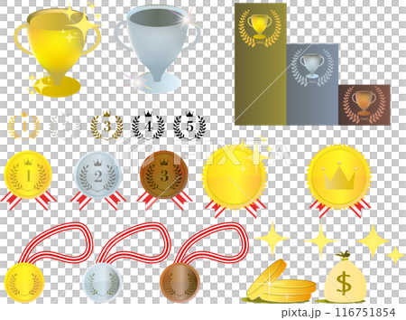 Gold, silver and bronze ranking trophy awards medals shiny design set 116751854