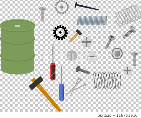 Metal industrial product set of screws, springs, bolts, nuts and gears Metal industrial product set of screws, springs, bolts, nuts and gears 116751916