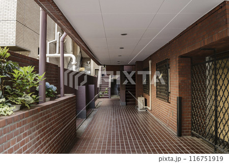 屋外の見えるレトロなマンションのエントランス 116751919