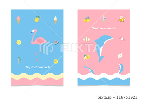 夏の可愛いカード　イルカ　フラミンゴ 116751923