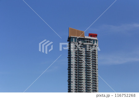 Top of a tall building with a blue sky background at daytime. 116752268