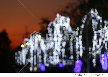 Blur White bokeh of Christmas tree lights background. 116752347