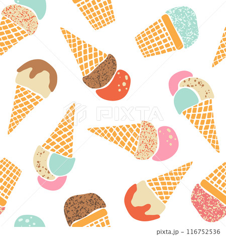 Vector ice-cream waffle cones seamless pattern. Colorful flavored fruit, vanilla and chocolate gelato repeat design on white background. Hand drawn retro pastel textured summer frozen dessert Vector ice-cream waffle cones seamless pattern. Colorful flavored fruit, vanilla and chocolate gelato repeat design on white background. Hand drawn retro pastel textured summer frozen dessert 116752536