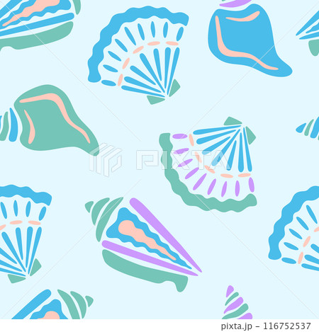 Blue seashell vector seamless pattern. Summer underwater repeat surface design. Scallop and spiral shells silhouettes in modern flat style on light background. Cute nautical illustration for swimwear Blue seashell vector seamless pattern. Summer underwater repeat surface design. Scallop and spiral shells silhouettes in modern flat style on light background. Cute nautical illustration for swimwear 116752537