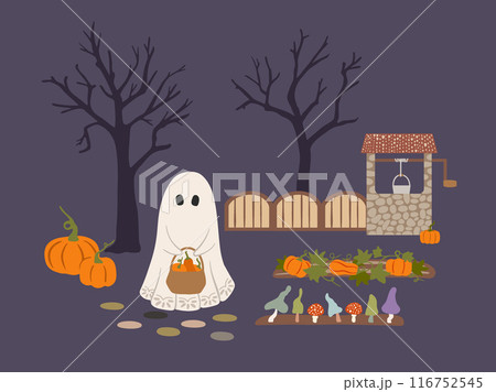 Halloween garden vector illustration. Hand drawn cute vintage ghost with basket, autumn vegetable patch with pumpkins, toadstool mushrooms, spooky tree silhouette, old well. Scary holiday night scene 116752545