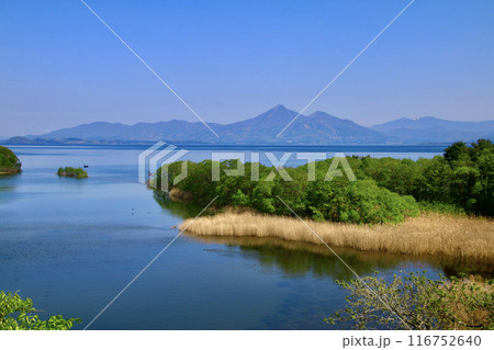 鬼沼からの猪苗代湖と磐梯山（福島県郡山市・湖南町） 116752640