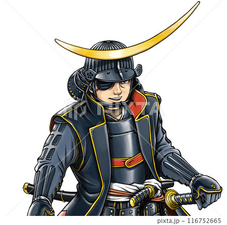 三日月型前立て兜の戦国武将 独眼竜 伊達政宗のイラスト素材