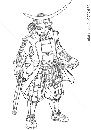 火縄銃を持った戦国武将の独眼竜 伊達政宗 線画 116752670