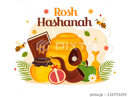 Happy Rosh Hashanah Vector Illustration of Jewish New Year Holiday with Apple, Pomegranate, Honey, and Bee in Flat Style Cartoon Background Happy Rosh Hashanah Vector Illustration of Jewish New Year Holiday with Apple, Pomegranate, Honey, and Bee in Flat Style Cartoon Background 116753205