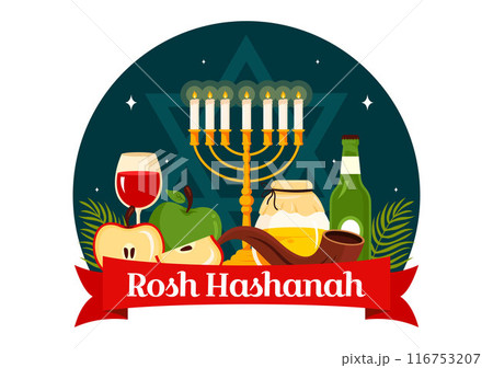 Happy Rosh Hashanah Vector Illustration of Jewish New Year Holiday with Apple, Pomegranate, Honey, and Bee in Flat Style Cartoon Background 116753207