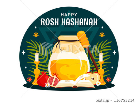 Happy Rosh Hashanah Vector Illustration of Jewish New Year Holiday with Apple, Pomegranate, Honey, and Bee in Flat Style Cartoon Background Happy Rosh Hashanah Vector Illustration of Jewish New Year Holiday with Apple, Pomegranate, Honey, and Bee in Flat Style Cartoon Background 116753214