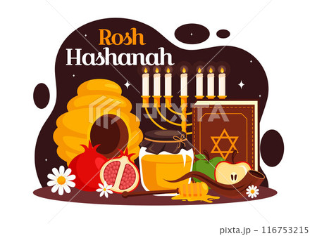 Happy Rosh Hashanah Vector Illustration of Jewish New Year Holiday with Apple, Pomegranate, Honey, and Bee in Flat Style Cartoon Background Happy Rosh Hashanah Vector Illustration of Jewish New Year Holiday with Apple, Pomegranate, Honey, and Bee in Flat Style Cartoon Background 116753215