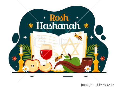 Happy Rosh Hashanah Vector Illustration of Jewish New Year Holiday with Apple, Pomegranate, Honey, and Bee in Flat Style Cartoon Background Happy Rosh Hashanah Vector Illustration of Jewish New Year Holiday with Apple, Pomegranate, Honey, and Bee in Flat Style Cartoon Background 116753217