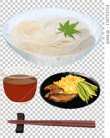 そうめん（具材、麺つゆ、もみじの葉、箸付き） 116753318
