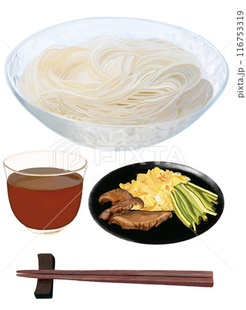 そうめん（具材、麺つゆ、箸付き） 116753319
