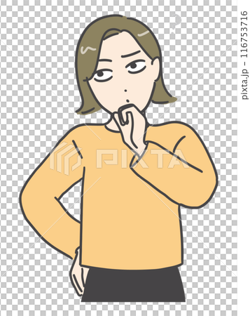 A young woman in casual clothes thinking with her hand on her chin (upper body, front view) 116753716