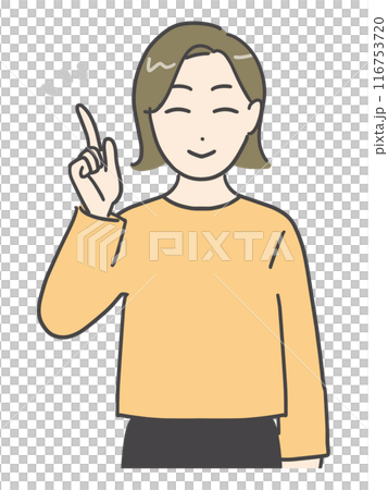 A young woman in casual clothes smiling and pointing her index finger at someone (upper body, front view) A young woman in casual clothes smiling and pointing her index finger at someone (upper body, front view) 116753720