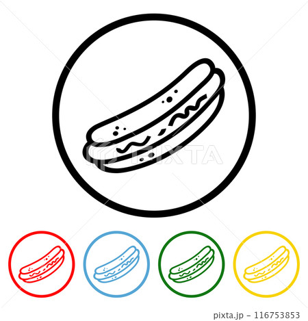 Hot Dog icon vector illustration design element with four color variations. Hot Dog icon Isolated on White Background. Vector illustration. All in a single layer. Elements for design. Hot Dog Icon 116753853