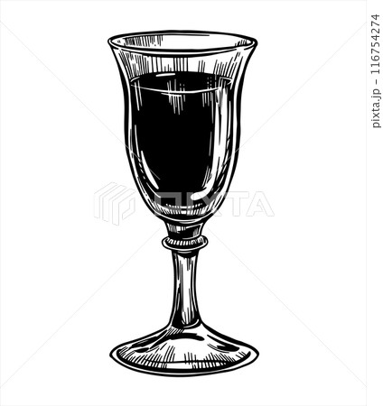 Glass of liquor black and white linear sketch. Vector ink drawing of a glass. Alcoholic beverage Nocino 116754274