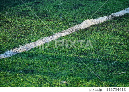 artificial green grass soccer field with white line 116754418