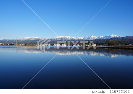 水田に映り込む富山県立山町から望む立山連峰 116755162