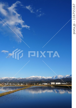 水田に映り込む富山県立山町から望む立山連峰 水田に映り込む富山県立山町から望む立山連峰 116755167